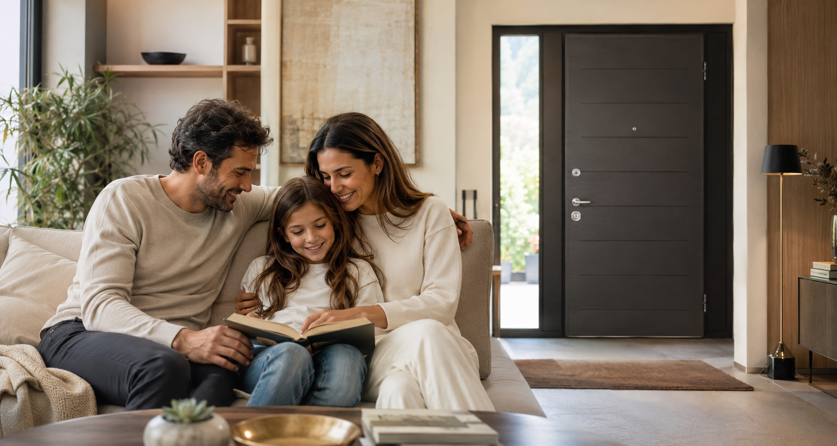Famiglia serena in casa protetta da una porta blindata